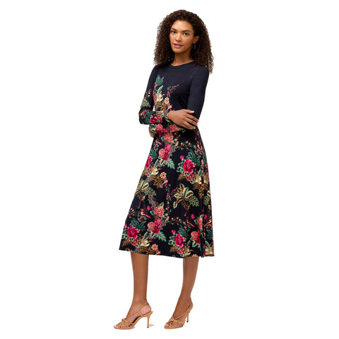 Johnny Was Janie Favorite Lyrata Long Sleeve Floral Midi Dress Flowers Black NEW