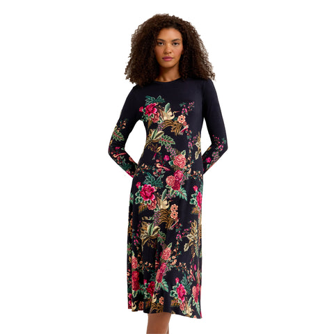Johnny Was Janie Favorite Lyrata Long Sleeve Floral Midi Dress Flowers Black NEW