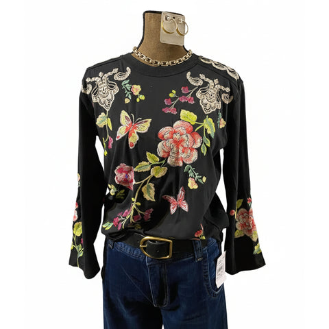 Johnny Was Maddy Leggings Cotton Floral Embroidered Legging Flower Pant Black NEW