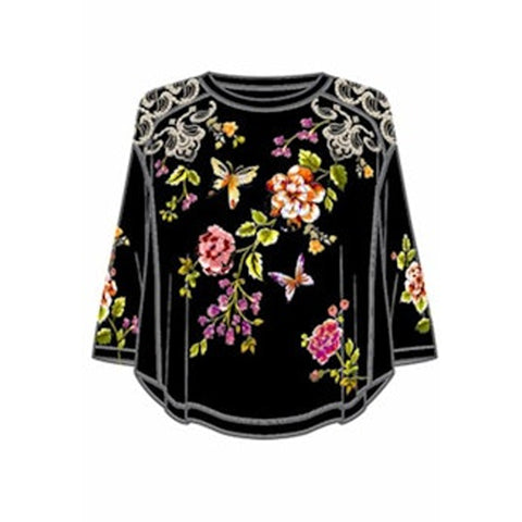 Johnny Was Maddy Contrast Seam Tee Cotton Floral Embroidered Shirt Black Top NEW