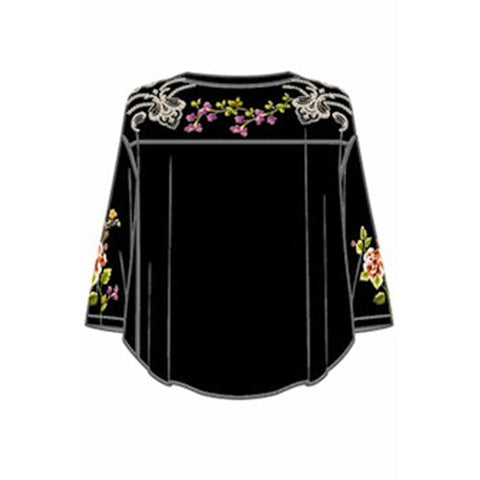 Johnny Was Maddy Contrast Seam Tee Cotton Floral Embroidered Shirt Black Top NEW