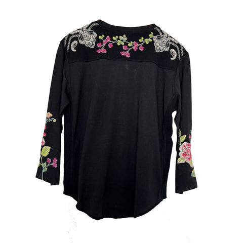 Johnny Was Maddy Contrast Seam Tee Cotton Floral Embroidered Shirt Black Top NEW