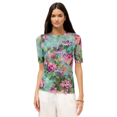 Johnny Was Magnolia Meadows Elbow Sleeve Mesh Top Floral Green Pink Tee Shirt NEW