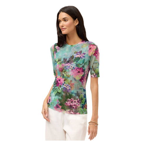 Johnny Was Magnolia Meadows Elbow Sleeve Mesh Top Floral Green Pink Tee Shirt NEW