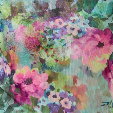 Johnny Was Magnolia Meadows Elbow Sleeve Mesh Top Floral Green Pink Tee Shirt NEW