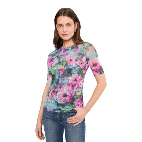 Johnny Was Magnolia Meadows Elbow Sleeve Mesh Top Floral Green Pink Tee Shirt NEW
