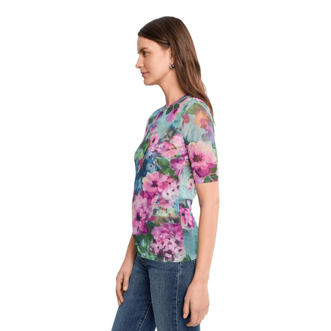 Johnny Was Magnolia Meadows Elbow Sleeve Mesh Top Floral Green Pink Tee Shirt NEW