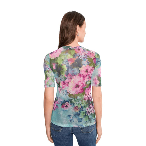 Johnny Was Magnolia Meadows Elbow Sleeve Mesh Top Floral Green Pink Tee Shirt NEW