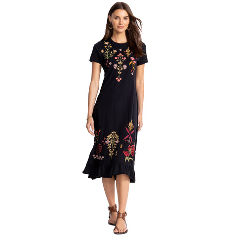 Johnny Was Malaya Short Sleeve Ruffle Hem Dress Og Leopard Cotton Floral Embroidery Brown NEW