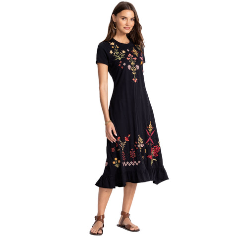 Johnny Was Malaya Short Sleeve Ruffle Hem Dress Cotton Floral Embroidery Black Pink NEW
