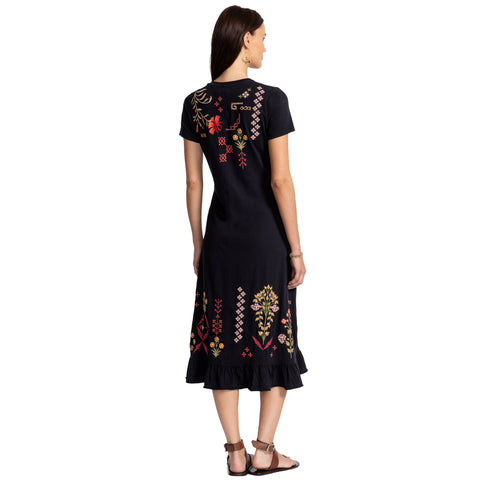 Johnny Was Malaya Short Sleeve Ruffle Hem Dress Og Leopard Cotton Floral Embroidery Brown NEW