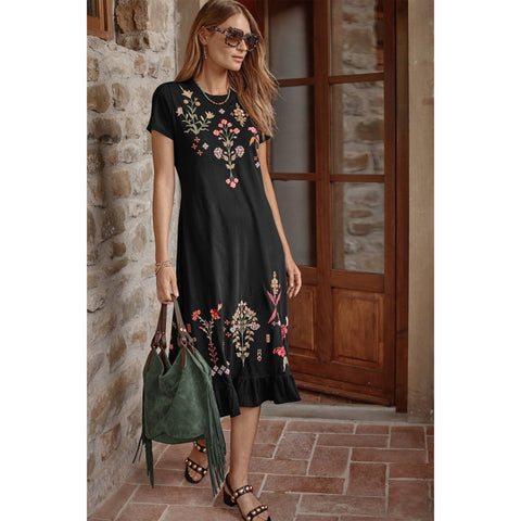 Johnny Was Malaya Short Sleeve Ruffle Hem Dress Cotton Floral Embroidery Black Pink NEW