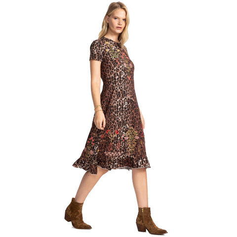 Johnny Was Malaya Short Sleeve Ruffle Hem Dress Og Leopard Cotton Floral Embroidery Brown NEW