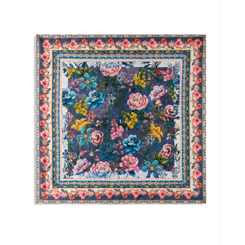 Johnny Was Margery Medium Silk Scarf Floral Square Pink Flowers Blue Scarves NEW