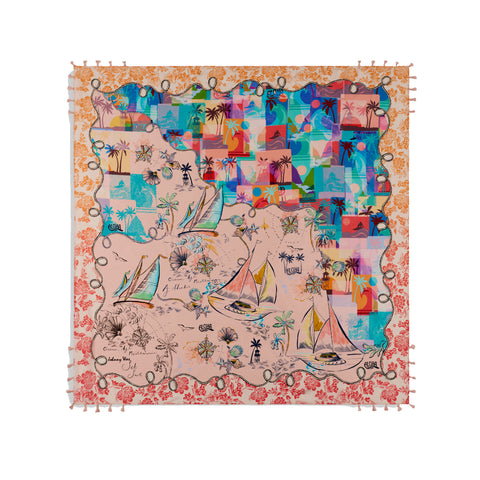 Johnny Was Marina Silk Scarf Square Large Floral Sailboats Red Blue Tassel NEW