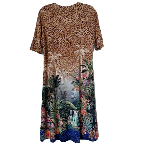 Johnny Was Janie Favorite Meghan Elbow Sleeve Crew Dress Floral Leopard Blue NEW