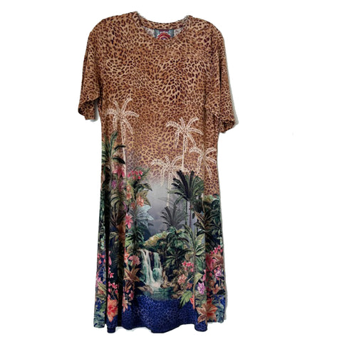 Johnny Was Janie Favorite Meghan Elbow Sleeve Crew Dress Floral Leopard Blue NEW