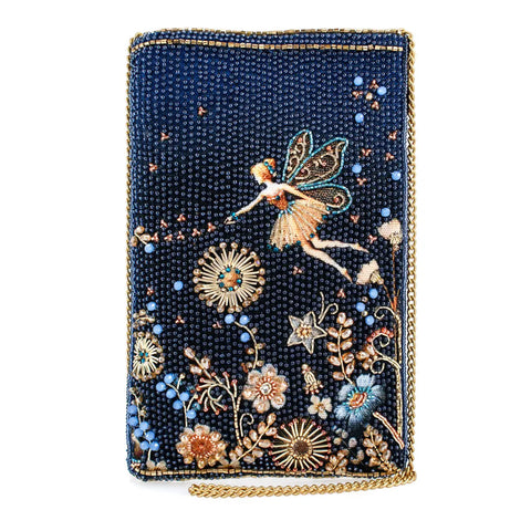 Mary Frances Fairy Dust Floral Blue Gold Beaded Zip Phone Bag Handbag Purse NEW