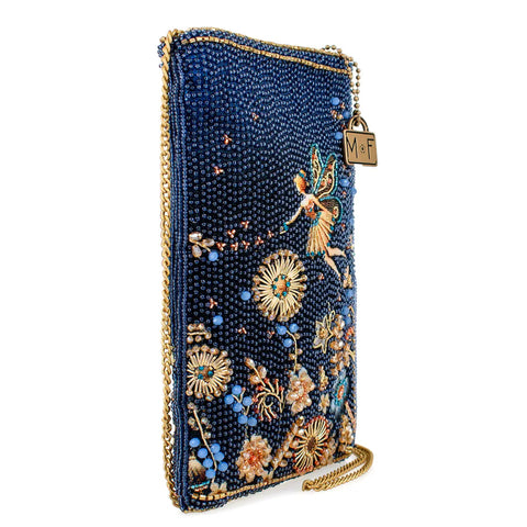 Mary Frances Fairy Dust Floral Blue Gold Beaded Zip Phone Bag Handbag Purse NEW