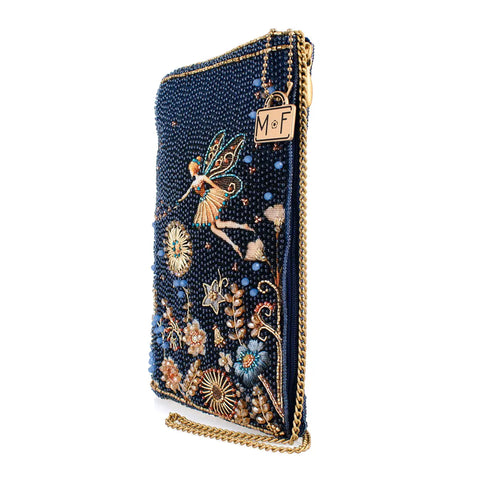 Mary Frances Fairy Dust Floral Blue Gold Beaded Zip Phone Bag Handbag Purse NEW