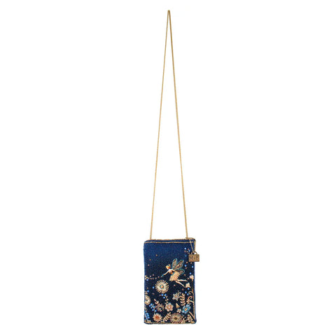 Mary Frances Fairy Dust Floral Blue Gold Beaded Zip Phone Bag Handbag Purse NEW