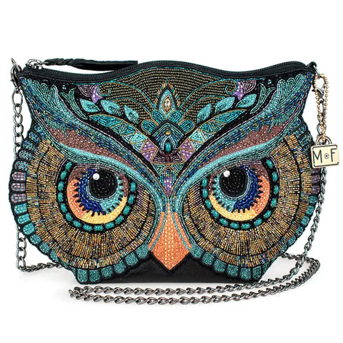 Mary Frances Head Turner Beaded Bag Owl Head Crossbody Zipper Handbag Black Blue Purse NEW