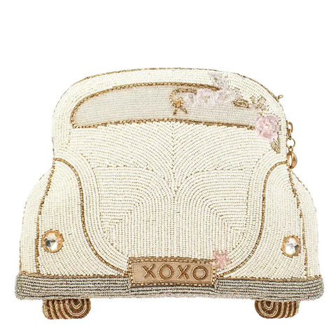 Mary Frances Just Married Beaded Car Zip Handbag Wedding Bag Ivory Gold Purse NEW