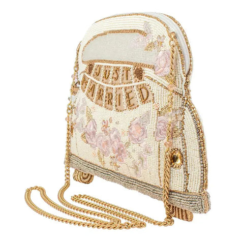 Mary Frances Just Married Beaded Car Zip Handbag Wedding Bag Ivory Gold Purse NEW