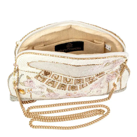 Mary Frances Just Married Beaded Car Zip Handbag Wedding Bag Ivory Gold Purse NEW