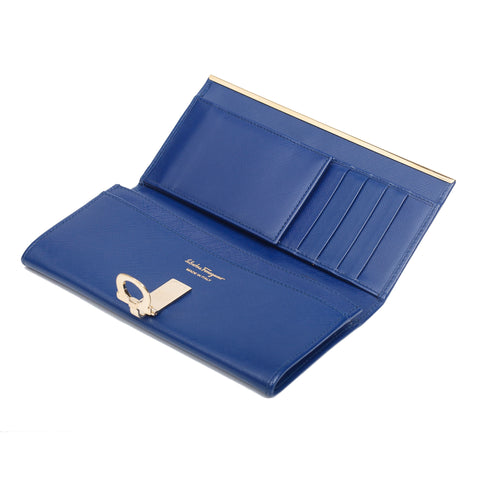 Salvatore Ferragamo Gancini Icona Vitello Continental Blue Wallet Purse Bag New