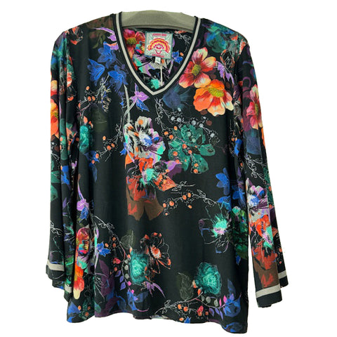 Johnny Was Janie Favorite V Kimono Midnight Tee Swing Floral Shirt Black Top Small NEW