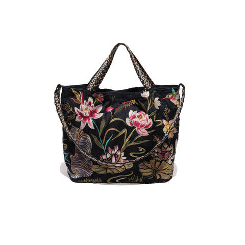 Johnny Was Maisie Linen Tote Bag Animal Floral Embroidery Black Handbag Purse NEW