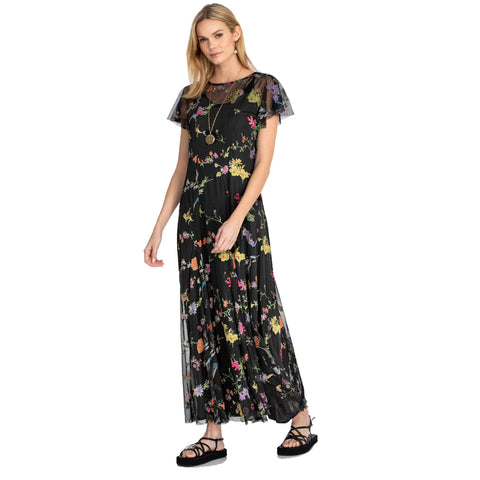 Johnny Was Marguerite Mesh Dress Maxi Long Floral Embroidered Flower Black NEW