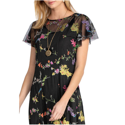 Johnny Was Marguerite Mesh Dress Maxi Long Floral Embroidered Flower Black NEW