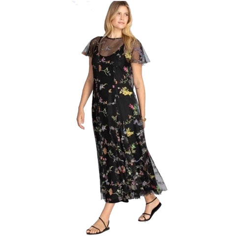 Johnny Was Marguerite Mesh Dress Maxi Long Floral Embroidered Flower Black NEW