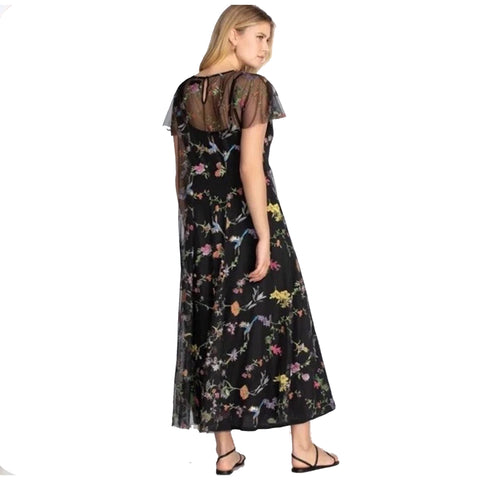 Johnny Was Marguerite Mesh Dress Maxi Long Floral Embroidered Flower Black NEW