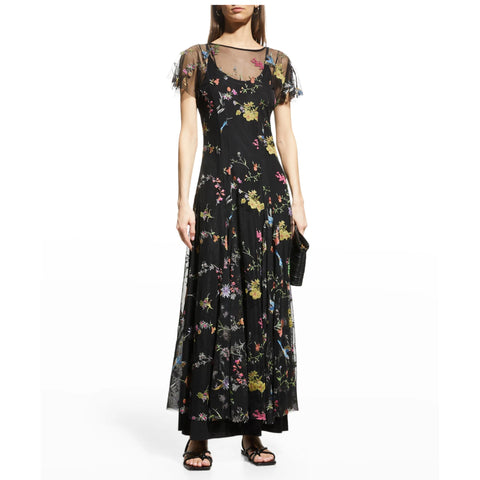 Johnny Was Marguerite Mesh Dress Maxi Long Floral Embroidered Flower Black NEW