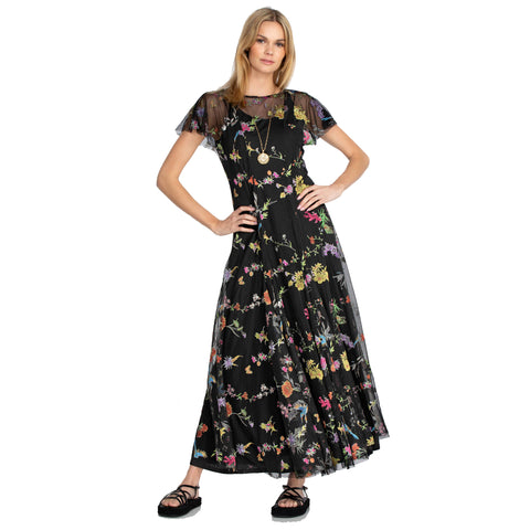 Johnny Was Marguerite Mesh Dress Maxi Long Floral Embroidered Flower Black NEW