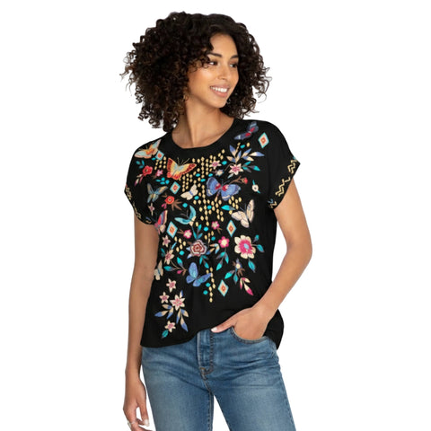 Johnny Was Mariposa Relaxed Tee Short Sleeve Floral Butterfly Shirt Black Top NEW