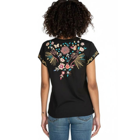 Johnny Was Mariposa Relaxed Tee Short Sleeve Floral Butterfly Shirt Black Top NEW