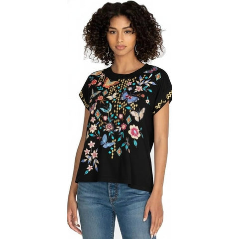 Johnny Was Mariposa Relaxed Tee Short Sleeve Floral Butterfly Shirt Black Top NEW