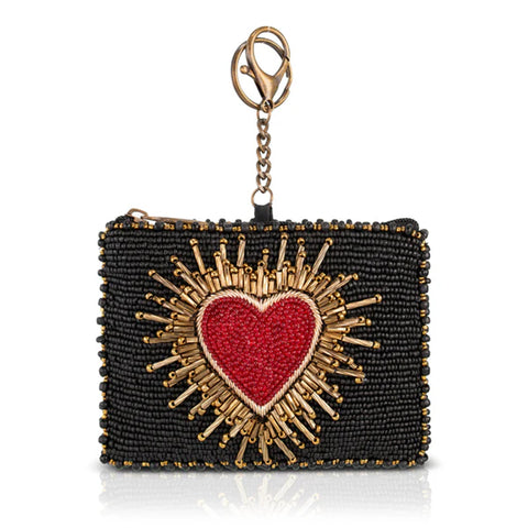 Mary Frances Affection Beaded Black Coin Purse Red Heart Love Zip Key Ring NEW