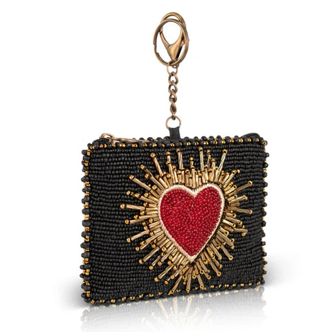 Mary Frances Affection Beaded Black Coin Purse Red Heart Love Zip Key Ring NEW