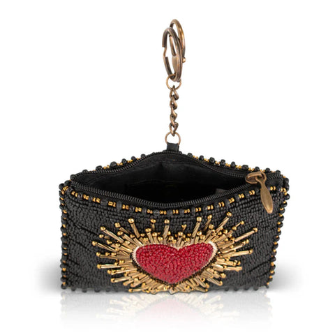 Mary Frances Affection Beaded Black Coin Purse Red Heart Love Zip Key Ring NEW
