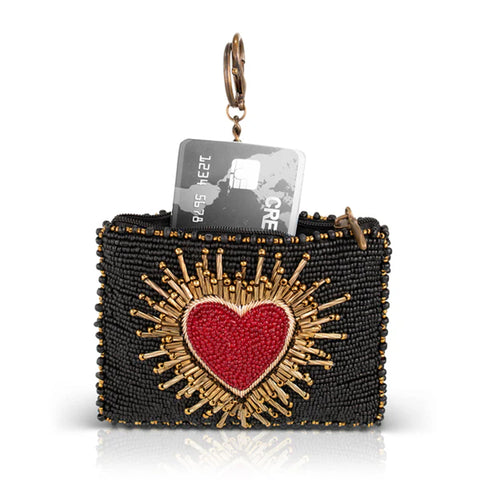 Mary Frances Affection Beaded Black Coin Purse Red Heart Love Zip Key Ring NEW