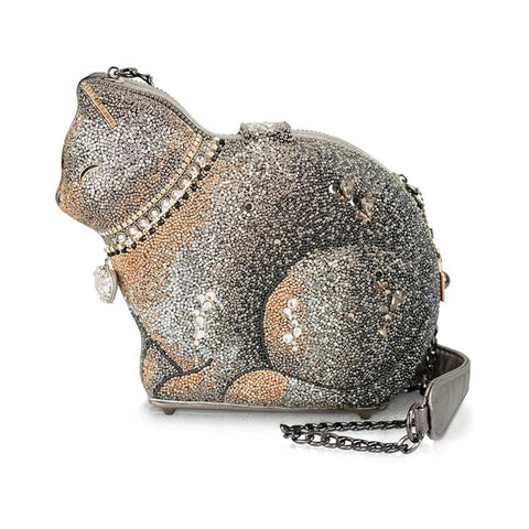 Mary Frances Couture Cat Crossbody Beaded Handbag Kitty Bag Silver Gold Purse NEW