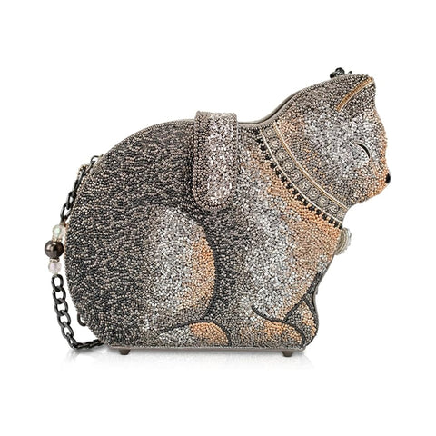 Mary Frances Couture Cat Crossbody Beaded Handbag Kitty Bag Silver Gold Purse NEW