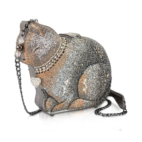 Mary Frances Couture Cat Crossbody Beaded Handbag Kitty Bag Silver Gold Purse NEW