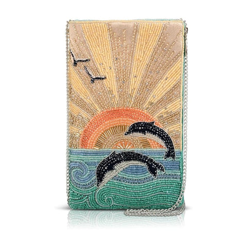 Mary Frances Flip For Joy Phone Bag Dolphins Sun Zip Handbag Gold Aqua Purse NEW