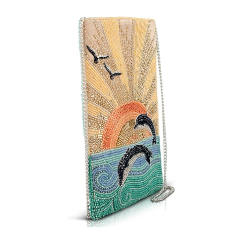 Mary Frances Flip For Joy Phone Bag Dolphins Sun Zip Handbag Gold Aqua Purse NEW